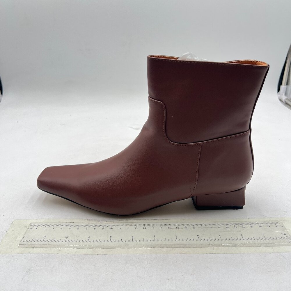 Brown Square Toe Booties Low Chunky Block Heels Side Zipper Ankle Boots